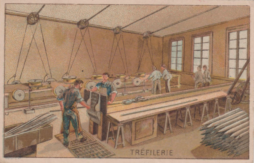 Chromo carte éducative / publicitaire représentant un atelier de tréfilerie